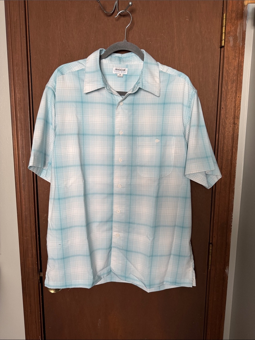 Haggar Blue and White Short Sleeve Plaid Button-Down Shirt